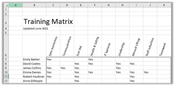 excel training matrix template