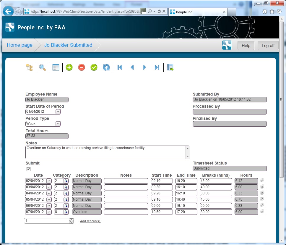 People Inc employee self service web page showing an employee timesheet with a table for entering details including date and hours worked