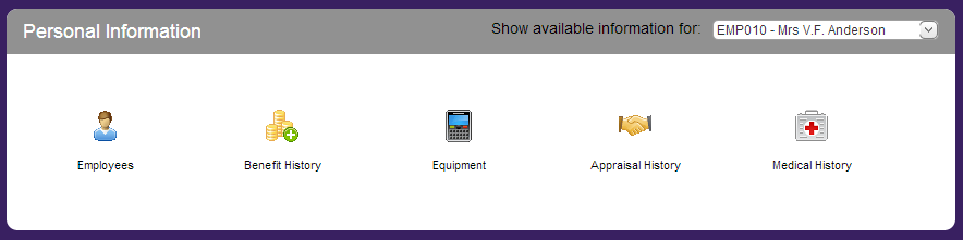 Customised employee self service panel showing icons related to personal information with white on purple background