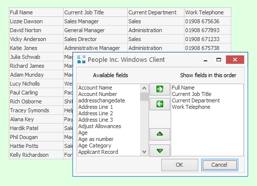 Integrated tool in the People Inc HR system allowing the selection of display columns 