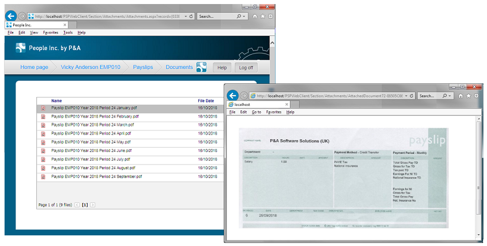 People Inc Employee Self Service web page showing listing of imported payslips with inset image displaying a detailed image of an individual payslip