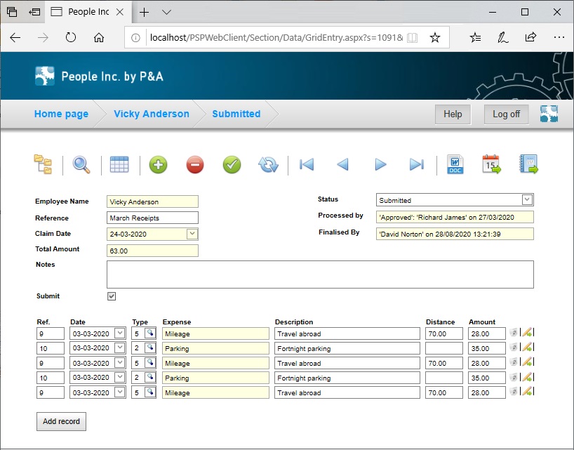 People Inc employee self service web page listing a number of expense claims pending submission