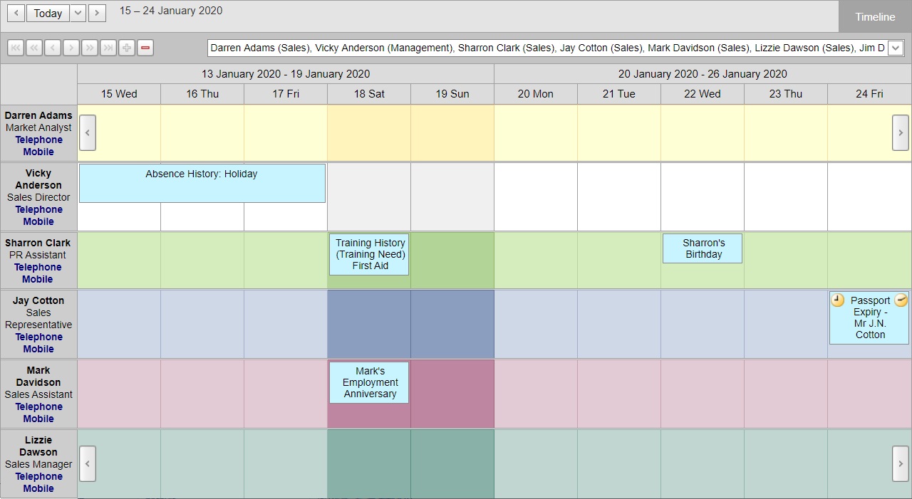 Employee scheduling tool showing leave calendar and important dates including birthdays and anniversaries