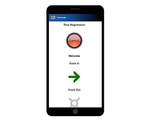 People Inc employee self service page displayed on a mobile device show time registration page with status indicator and function buttons to clock in, out and break for lunch