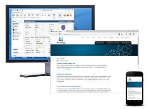 People Inc HR system shown in layered images running on Windows PC, web site and mobile device