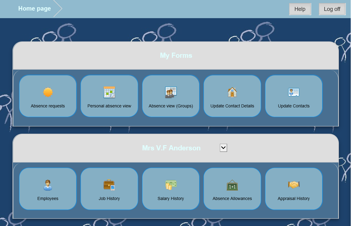 People Inc Employee Self Service module home screen showing customised branding and icons