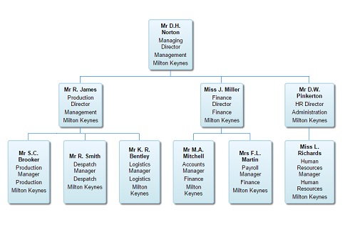 Organisation chart showing organisational hierarchy and employee details