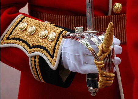 Household division army officer in red tunic holds sword with white glove