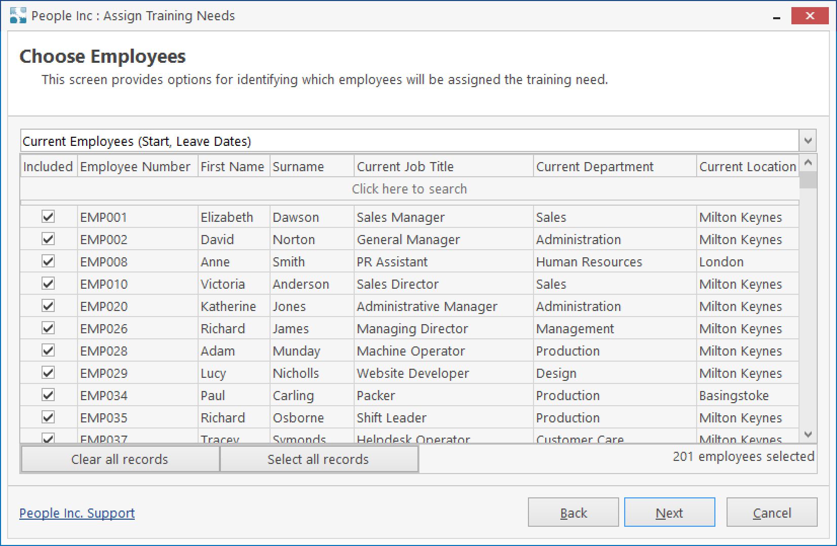 People Inc HR system tool listing employees to assign training needs to