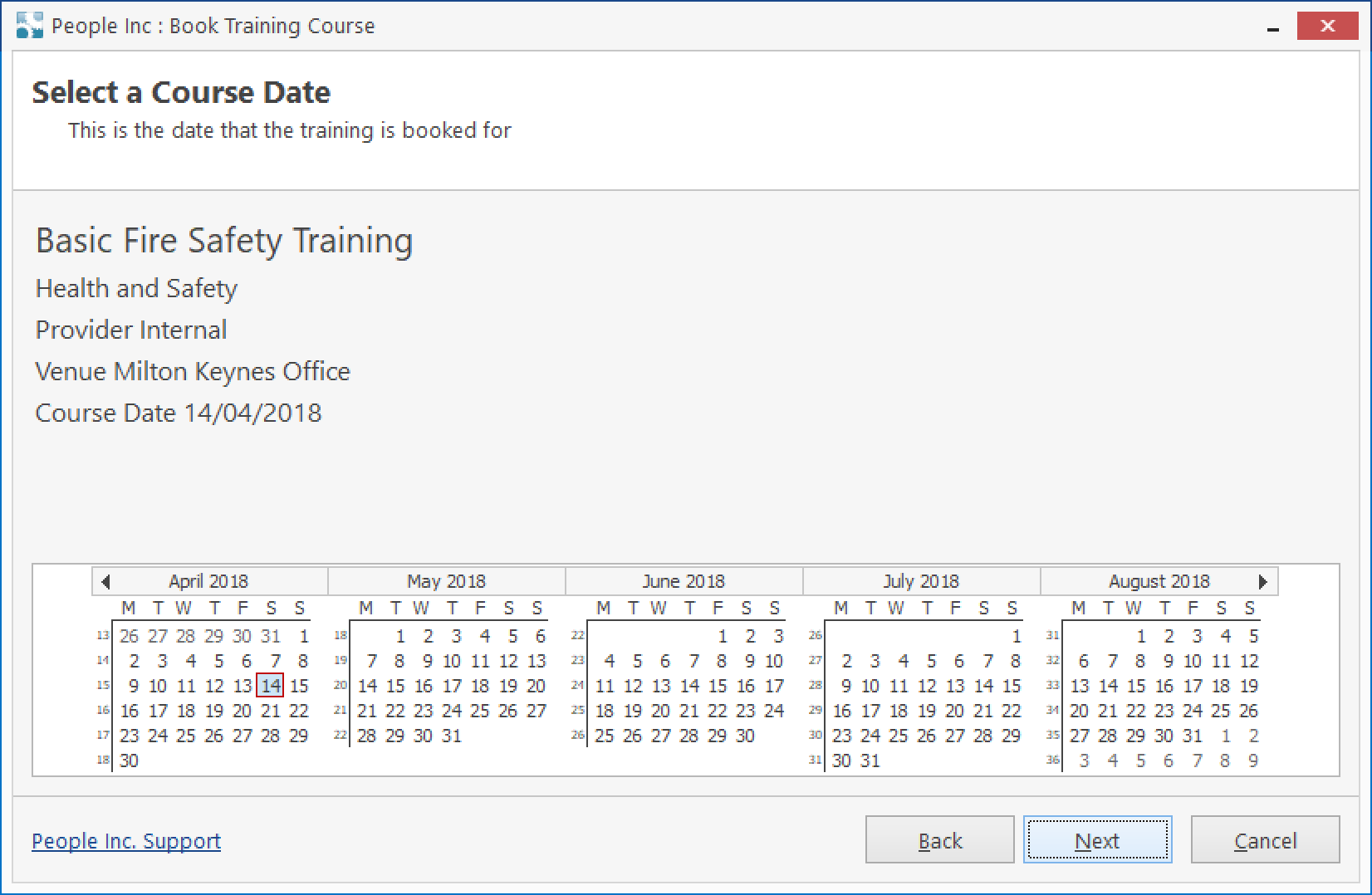 People Inc HR system tool showing course details with a calendar to select a booking date from