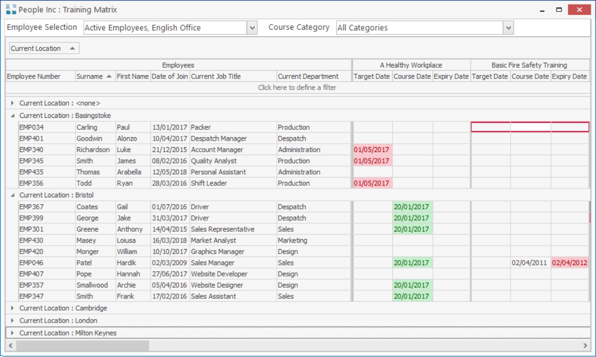 Integrated Training Matrix tool shown in the People Inc HR Windows client, shows employee and course details with relevant dates and colour coded status
